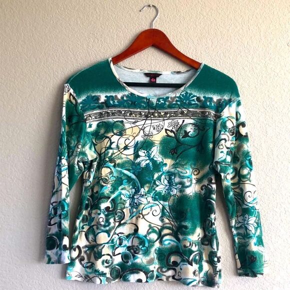 Teal Green Embellished Paisley Swirl Print Top M/L - Picture 1 of 4